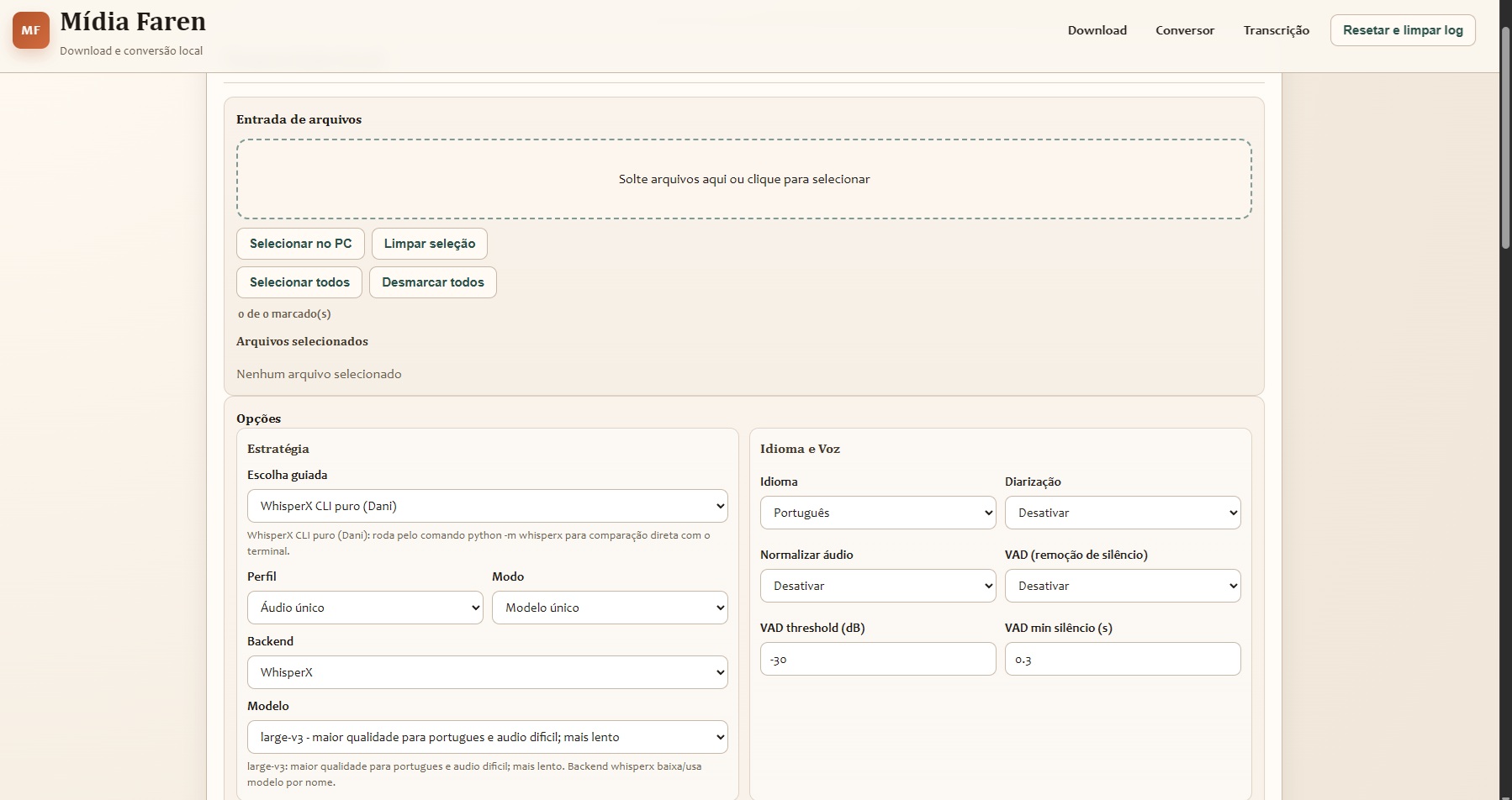 Interface principal do Mídia Faren